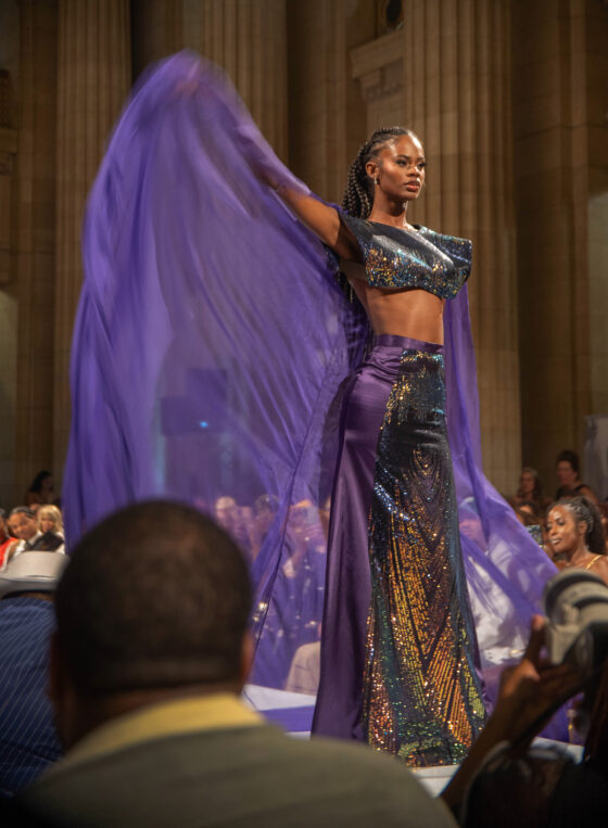 Cleveland model in flowy purple dress
