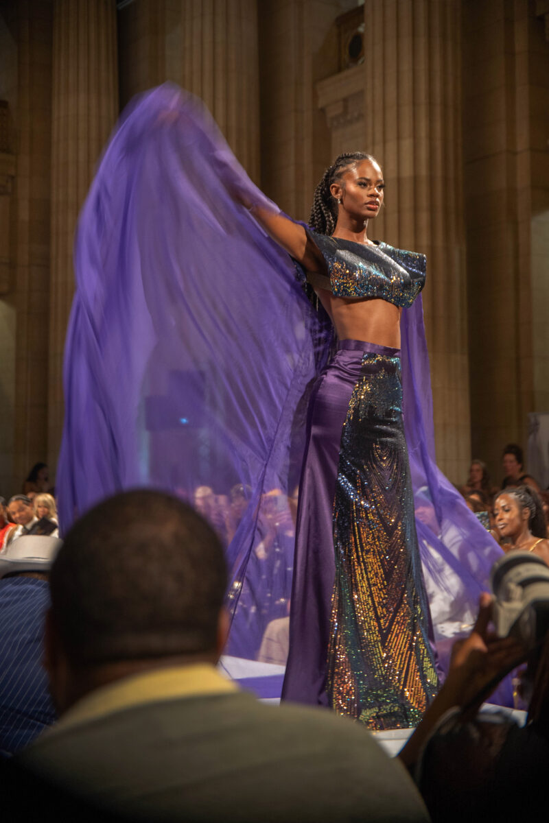 Cleveland model in flowy purple dress