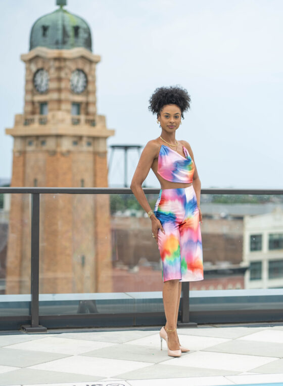 Model in colorful dress at Cleveland fashion show