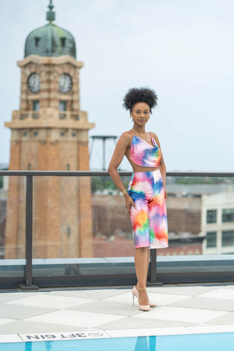 Model in colorful dress at Cleveland fashion show